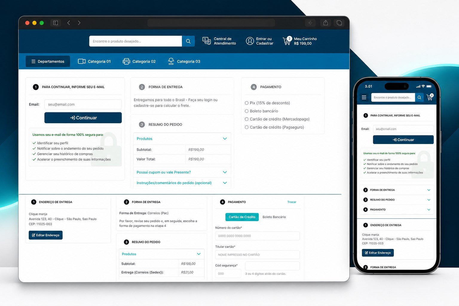 Tela do OneStep Checkout da Super Loja Virtual, com dados do cliente, entrega e pagamento em uma única etapa.