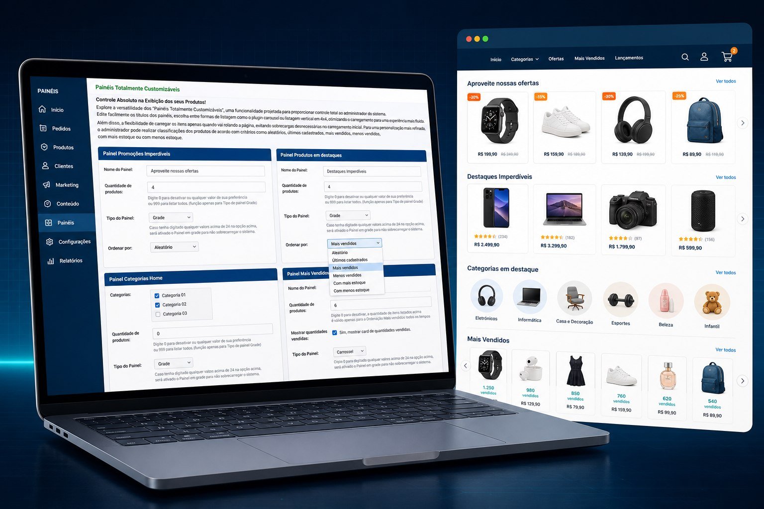 Configuração de painéis e vitrines customizáveis da Super Loja Virtual, com títulos, quantidade de itens e ordenação.